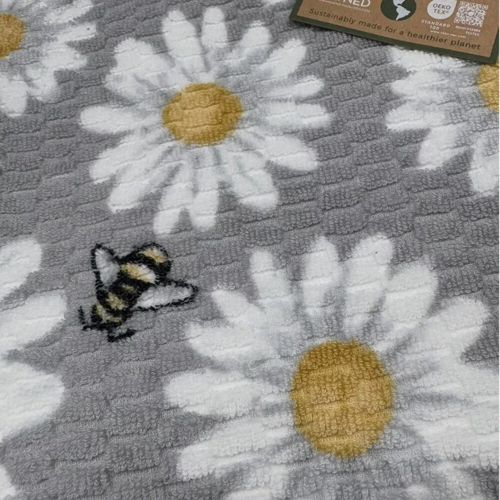 4pc Deborah Connolly Bumble Bee Bath Hand Towel Set Gray Daisy Floral Textured